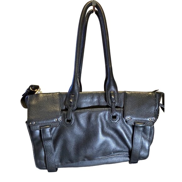 Vince Camuto Black Leather Tote Bag Double Handles Buckle Detail - Picture 2 of 13